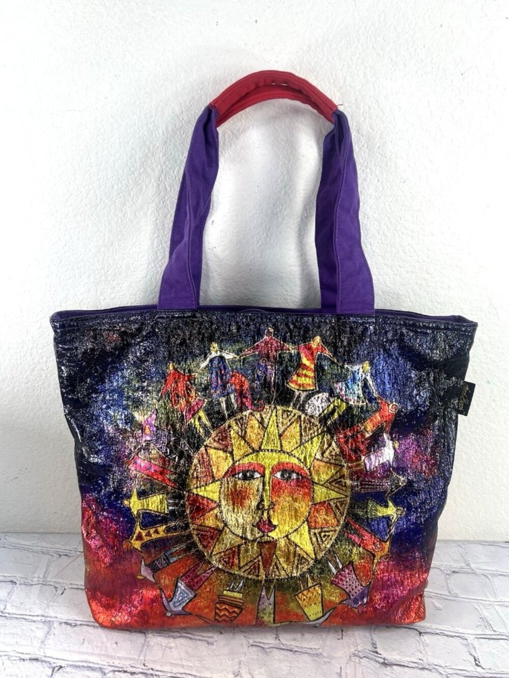 vtg Laurel Burch Harmony Under The Sun Foil Tote 19"x15" Iridescent Metallic - Picture 2 of 16